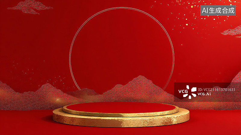 【AI数字艺术】红色背景金色展台的中式装饰场景图图片素材