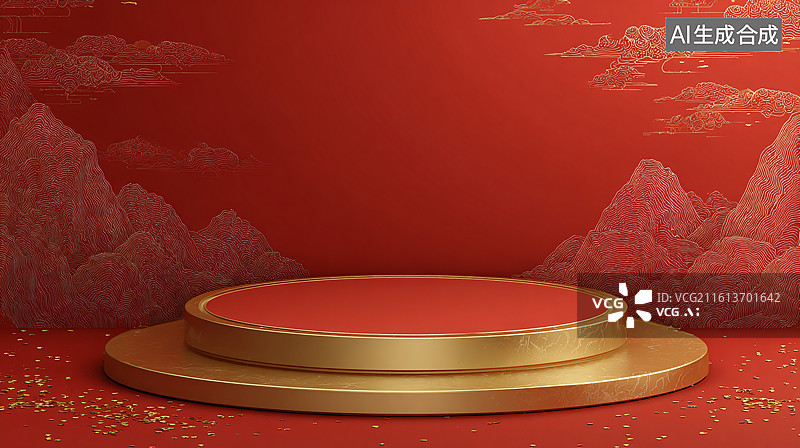 【AI数字艺术】红色背景金色展台的中式装饰场景图图片素材