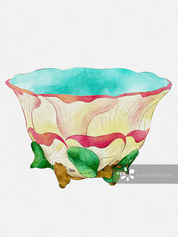 水彩手绘文物清乾隆粉彩牡丹杯图片素材