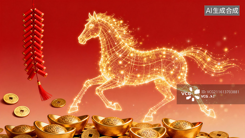 【AI数字艺术】马年中式背景素材：红底衬金马 + 鞭炮金元宝铜钱，喜庆华丽质感适配春节创意设计图片素材