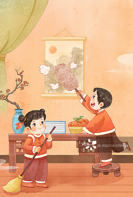 手绘水彩小年中国风腊月二十四大扫除竖图插画图片素材