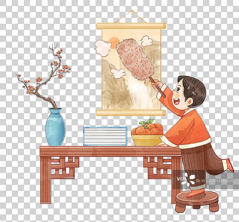 手绘水彩小年男孩站椅子上扫除灰尘组合免抠元素图片素材