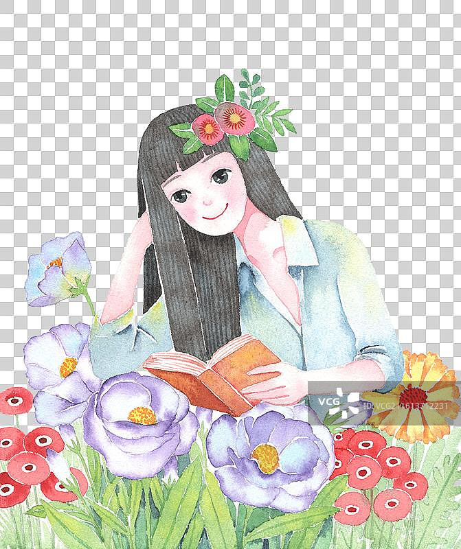 洋桔梗花丛中看书的女孩 500幅手绘唯美人物免抠图形水彩画图片素材