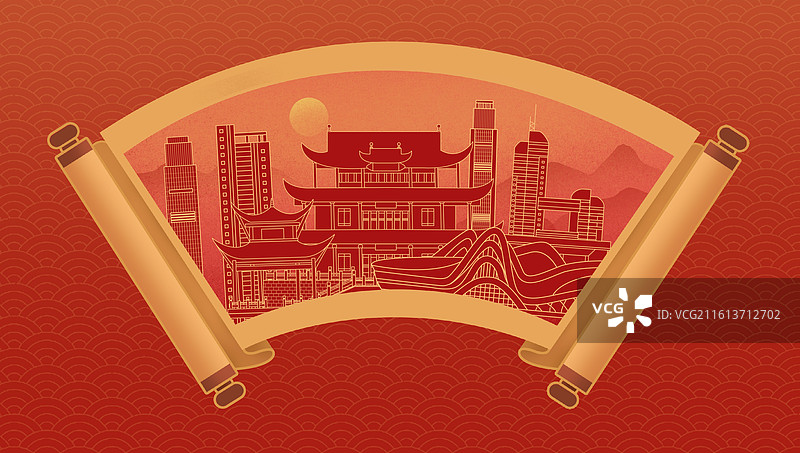 长沙中国风画卷古典卷轴书卷手绘城市建筑图片素材