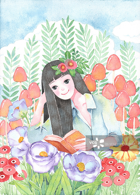 洋桔梗花丛中看书的女孩 500幅手绘唯美人物水彩画图片素材
