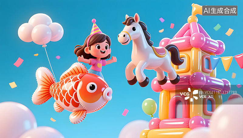 【AI数字艺术】派对氛围马年充气气球风格女孩和马图片素材