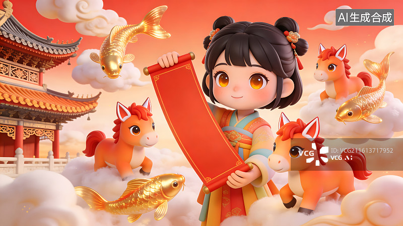 【AI数字艺术】喜迎马年卡通女孩持对联与锦鲤嬉戏图片素材