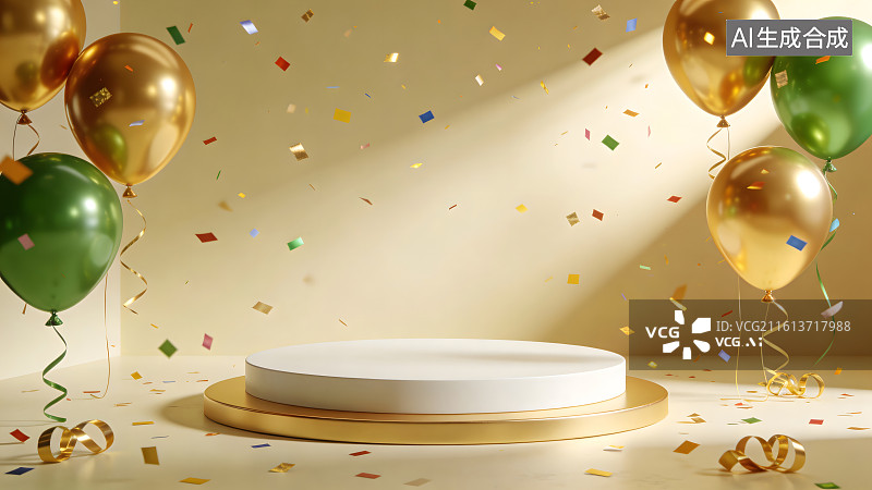 【AI数字艺术】年终庆典氛围的金绿气球与彩带背景图片素材