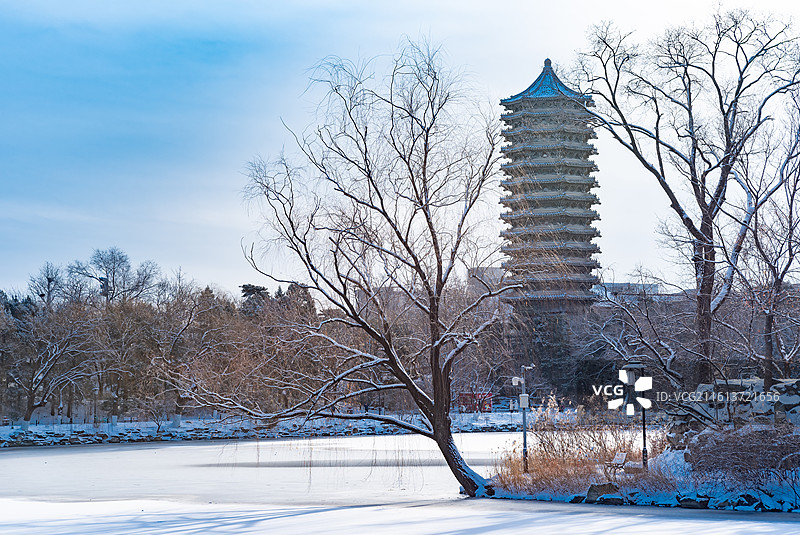 燕园风景：冬天雪后北京大学未名湖博雅塔图片素材