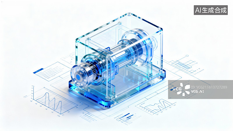 【AI数字艺术】透明机械装置与数据图表图片素材