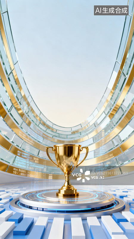 【AI数字艺术】金色奖杯置于未来感建筑中图片素材