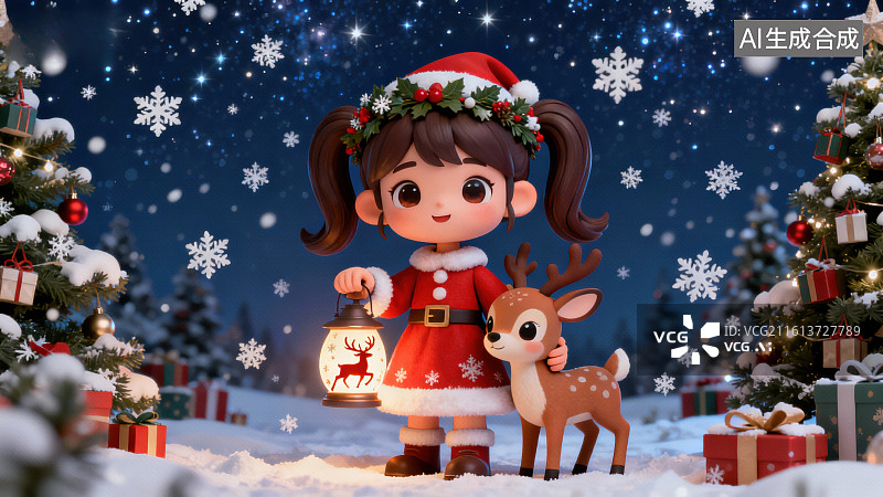 【AI数字艺术】圣诞女孩与小鹿雪夜相伴图片素材
