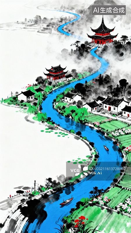 【AI数字艺术】水墨江南水乡风景图片素材