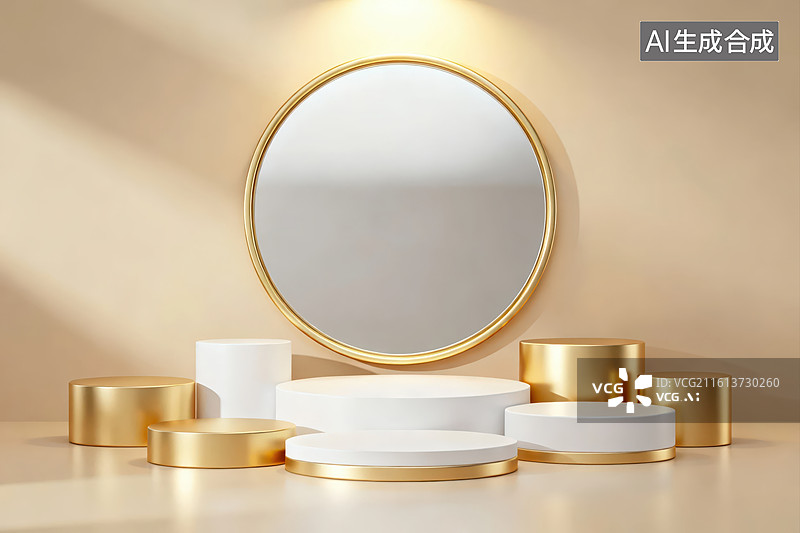 【AI数字艺术】金色圆形镜与几何台座图片素材