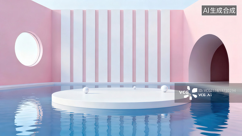 【AI数字艺术】粉色几何空间中的泳池图片素材