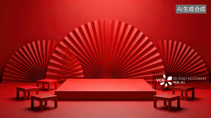【AI数字艺术】红色扇形装饰的室内场景图片素材
