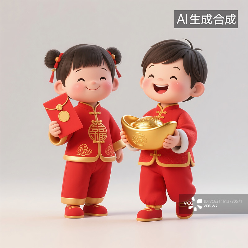 【AI数字艺术】3D渲染国风人物，可爱的中国风卡通中国儿童，春节，新年，中秋节，元宵节，国庆节图片素材
