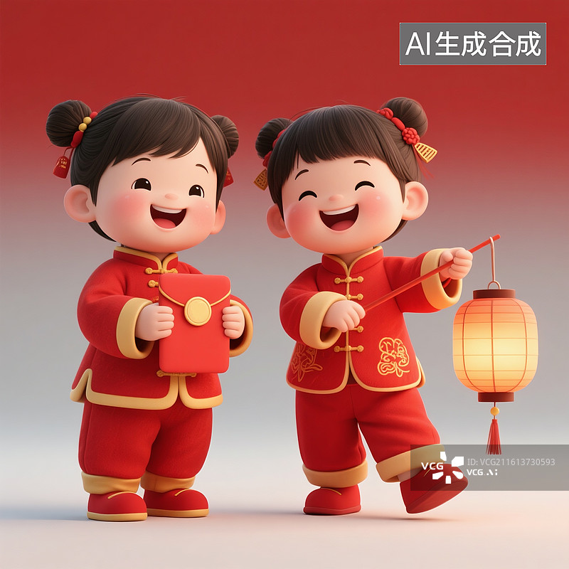 【AI数字艺术】3D渲染国风人物，可爱的中国风卡通中国儿童，春节，新年，中秋节，元宵节，国庆节图片素材