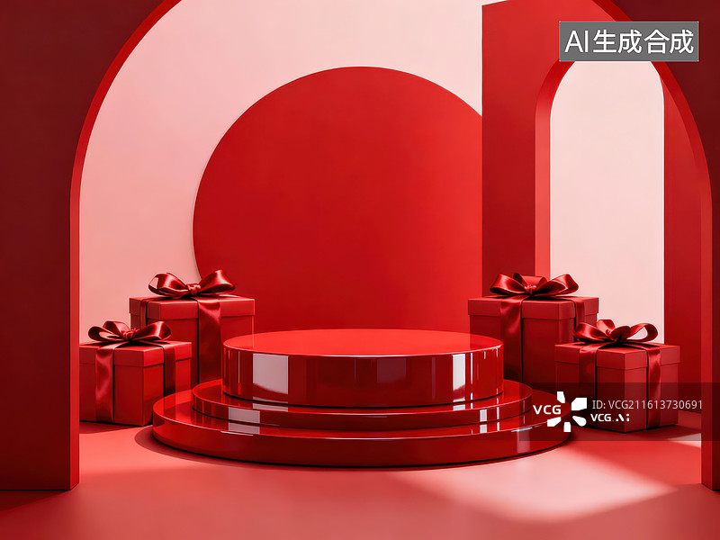 【AI数字艺术】红色拱门礼盒展示台图片素材