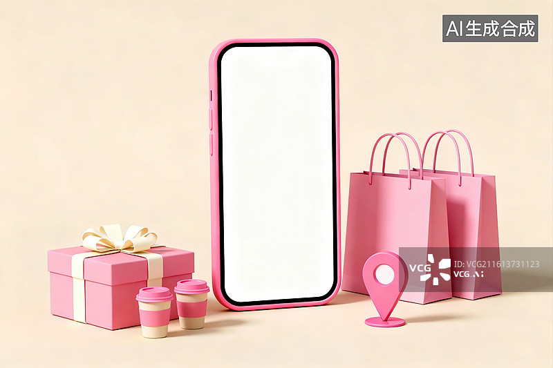 【AI数字艺术】粉色手机与购物元素摆拍图片素材