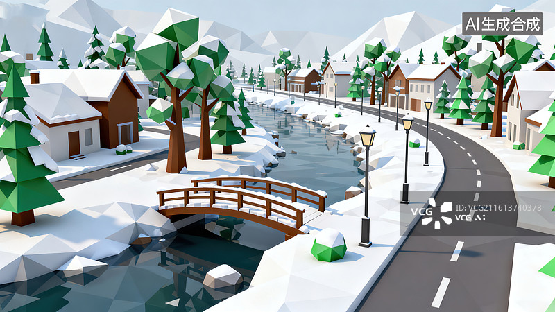 【AI数字艺术】低多边形风格雪景小镇河流桥梁场景图图片素材
