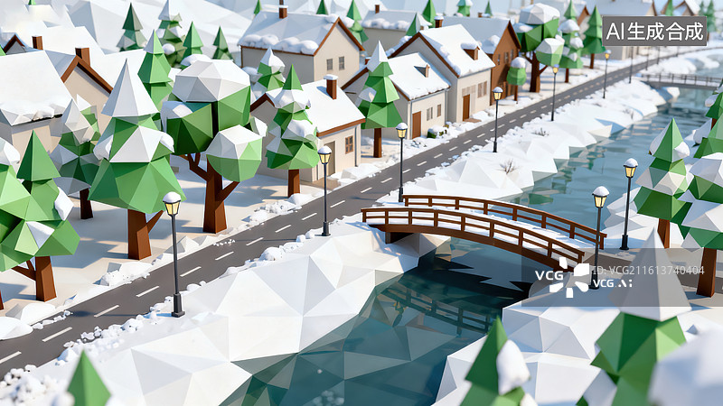 【AI数字艺术】低多边形风格雪景小镇河流桥梁场景图图片素材