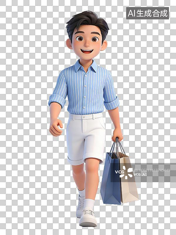 【AI数字艺术】年轻男性，面带微笑，手持购物袋，身着蓝白条纹衬衫和白色短裤，脚穿白色运动鞋图片素材