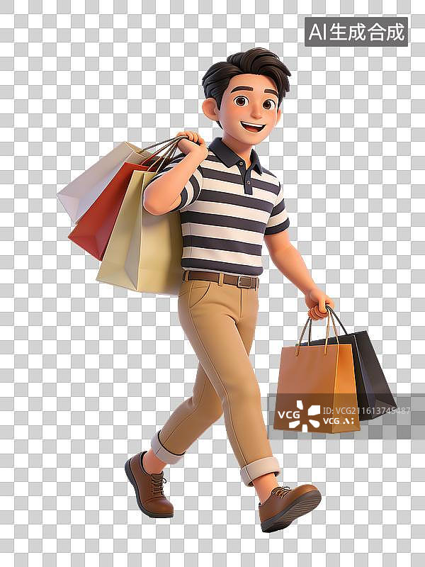 【AI数字艺术】年轻男性面带微笑，手持购物袋，穿着条纹T恤和卡其裤，休闲装扮，购物归来图片素材