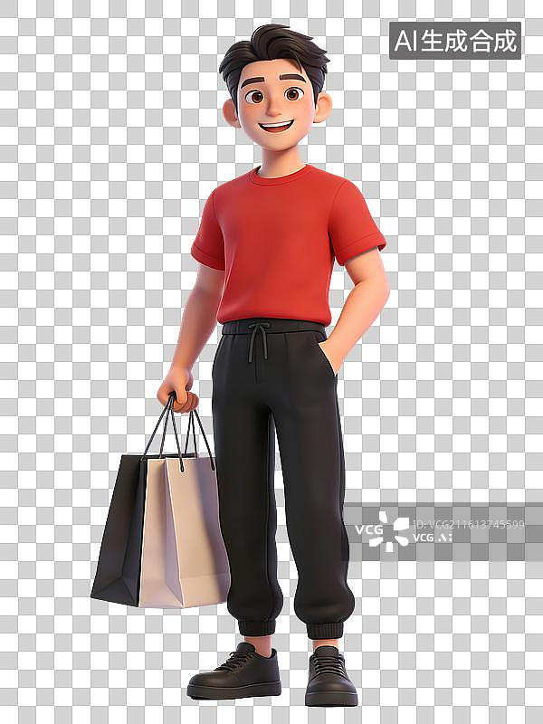 【AI数字艺术】年轻男性，面带微笑，手持购物袋，穿红色T恤黑色运动裤，休闲装扮图片素材