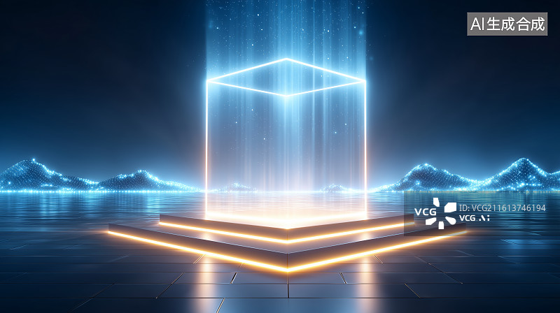 【AI数字艺术】发光立方体悬浮于未来平台图片素材