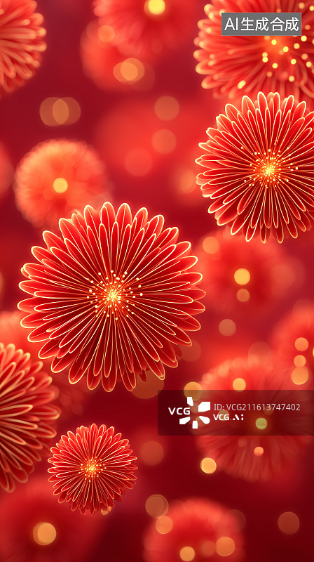 【AI数字艺术】红色烟花与扇形装饰的节日场景图片素材