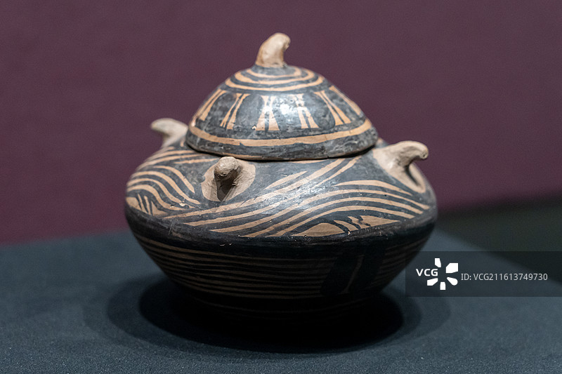 甘肃省博物馆藏，马家窑类型弧线纹四錾带盖彩陶罐图片素材