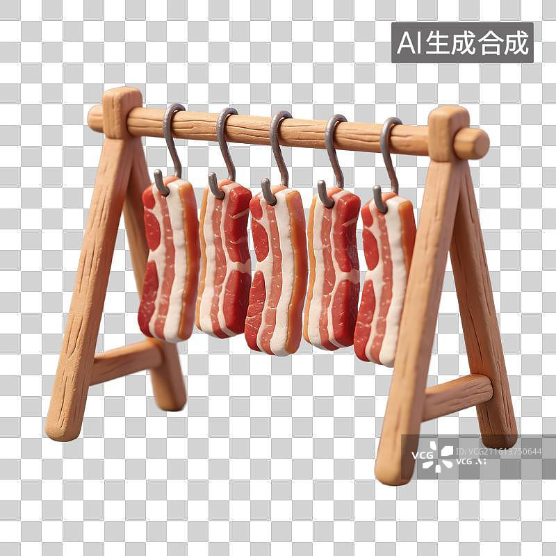 【AI数字艺术】3D粘土风木质三角支架上悬挂晾晒着腊肉元素图片素材