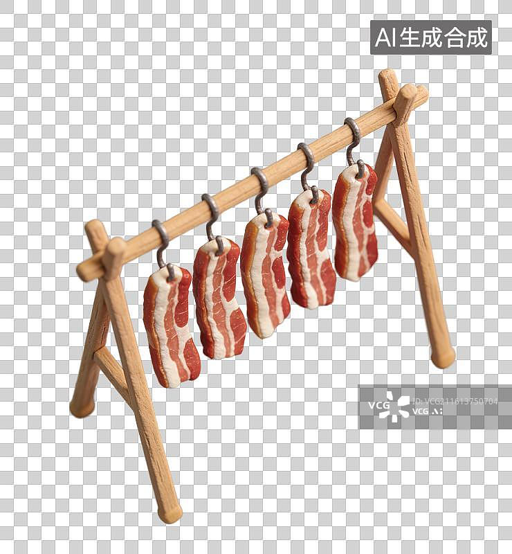 【AI数字艺术】3D粘土风木质三角支架上悬挂晾晒着腊肉元素图片素材