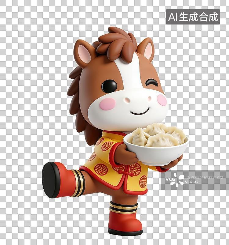 【AI数字艺术】3D粘土风马年春节拟人马玩偶穿着中式服装拿着一碗饺子元素图片素材