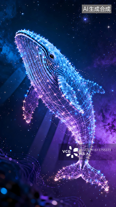 【AI数字艺术】抽象蓝色互联网背景——发光粒子组成的鲸鱼图片素材