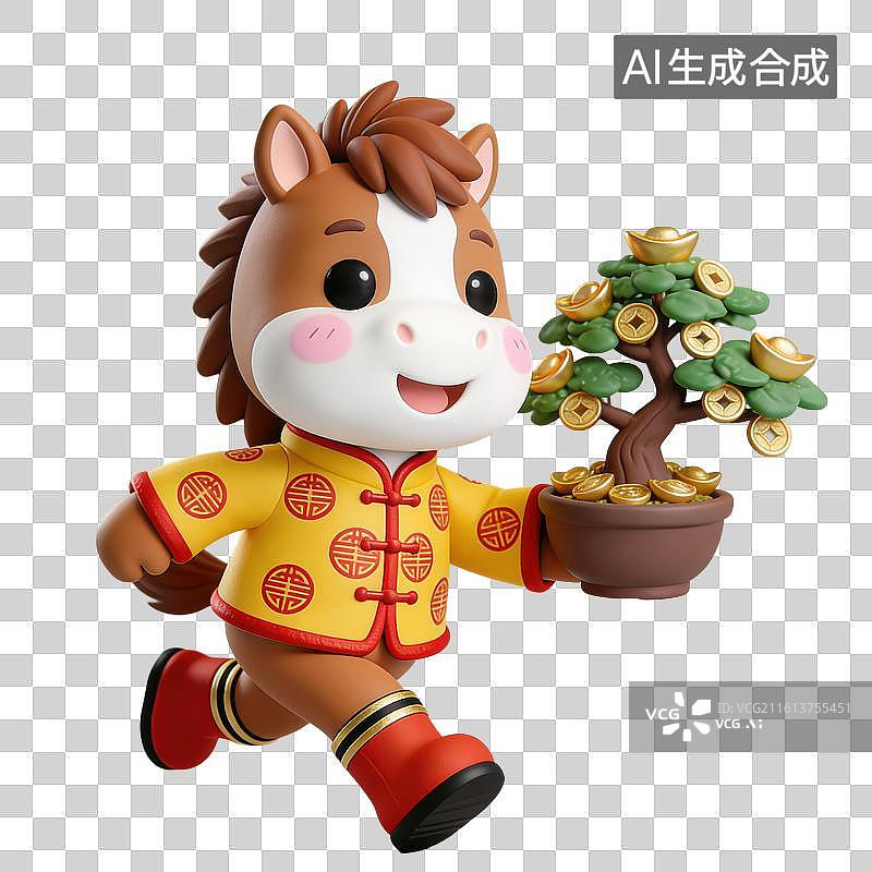 【AI数字艺术】3D粘土风马年春节拟人马玩偶穿着中式服装拿着一盆发财树元素图片素材