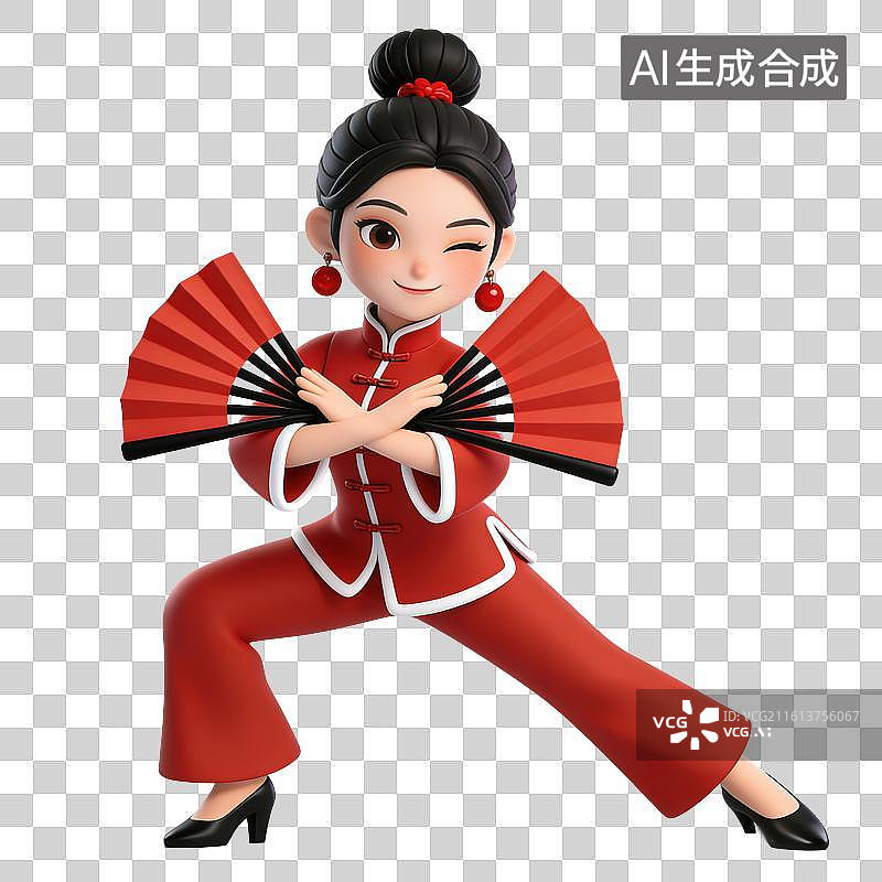 【AI数字艺术】3D粘土风穿着中式套装的女孩跳扇子舞元素图片素材