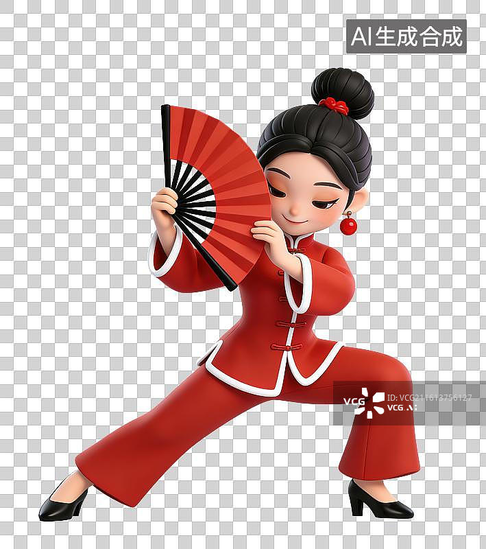 【AI数字艺术】3D粘土风穿着中式套装的女孩跳扇子舞元素图片素材