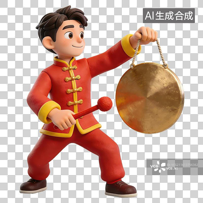【AI数字艺术】3D粘土风春节穿着中式套装的男人敲锣元素图片素材