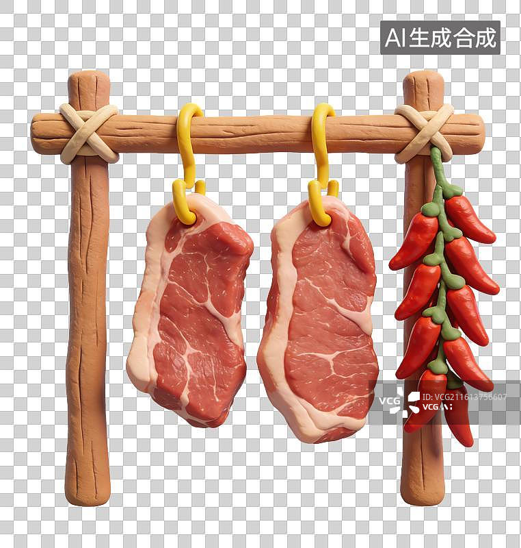 【AI数字艺术】3D粘土风木质支架上悬挂晾晒着腊肉和辣椒元素图片素材