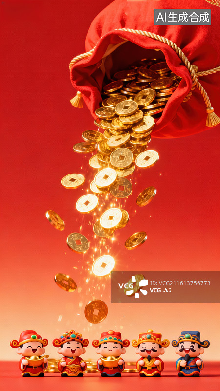 【AI数字艺术】金元宝从红袋中倾泻而出图片素材
