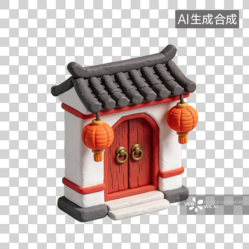 【AI数字艺术】3D粘土风春节过年挂着红灯笼的中式建筑大门元素图片素材