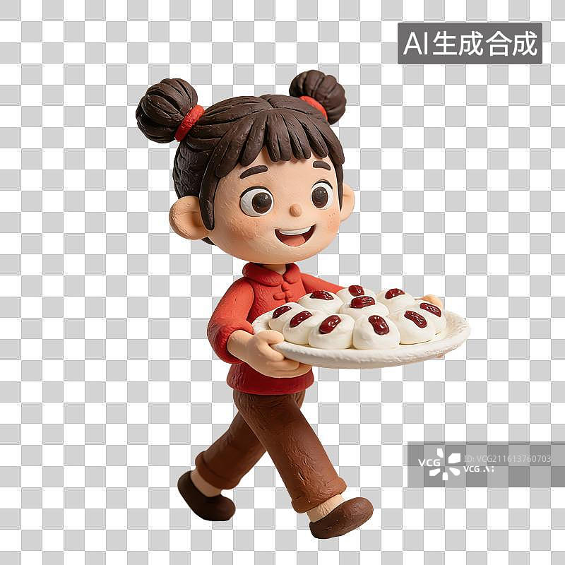 【AI数字艺术】3D立体女孩端着一盘带大枣的馒头传统年俗腊月二十八蒸馒头元素图片素材