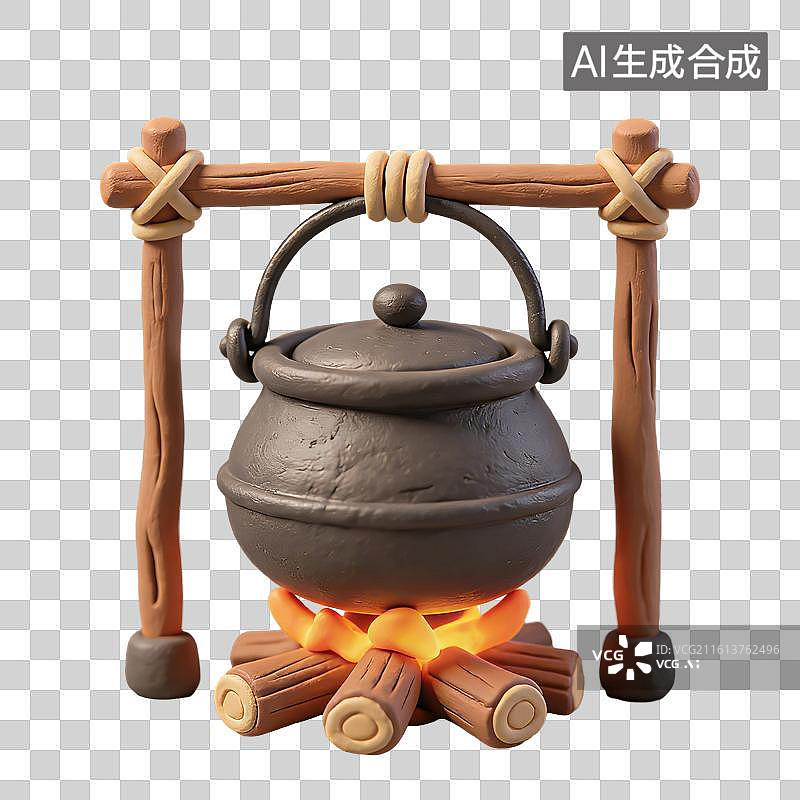 【AI数字艺术】3D粘土风铁锅架在木柴堆上传统吊锅烹煮场景元素图片素材