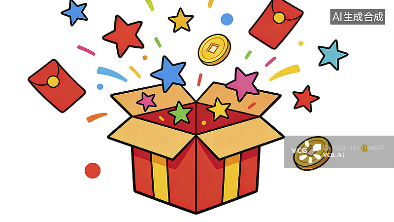 【AI数字艺术】礼物盒中飞出星星红包金币图片素材