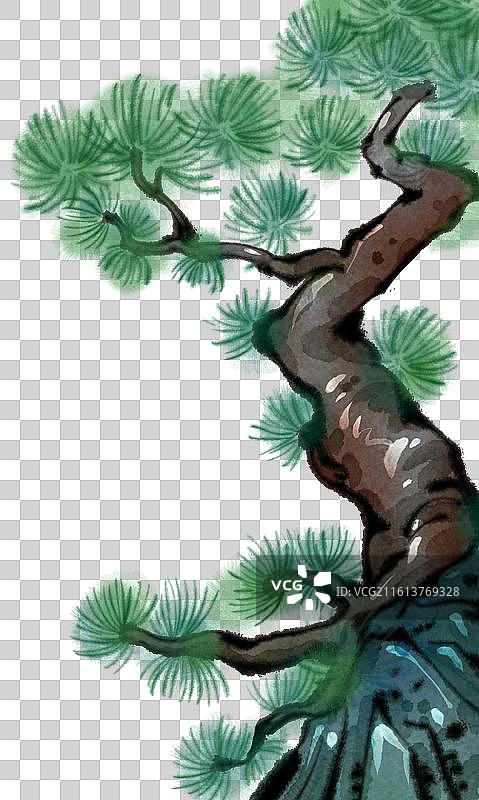 水墨插画风格元素崖边的松树图片素材