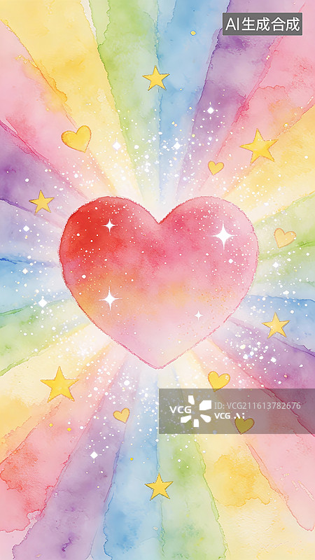 【AI数字艺术】可爱的心放射出彩虹般的光芒，水彩插画图片素材