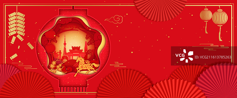 2026马年春节十二生肖午马灯笼剪纸风格矢量插画海报图片素材