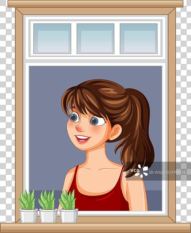 穿着红色上衣的微笑女子站在窗边图片素材